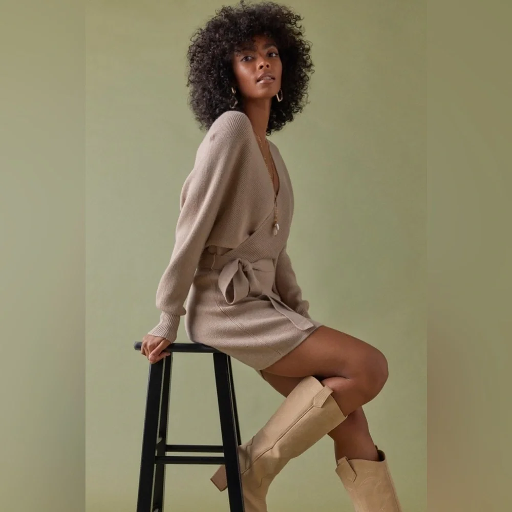 Tan Asymmetrical Wrap Sweater Dress - Picture 3 of 6
